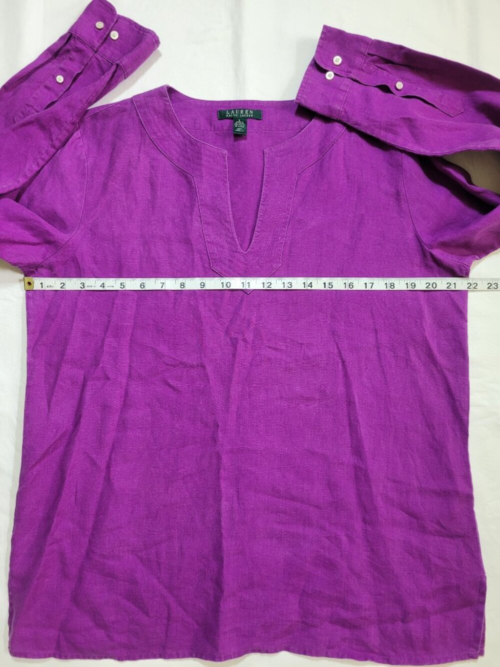 Lauren Ralph Lauren Purple 100% Linen V Neck Roll Tab Sleeve Top Large Preppy - Picture 5 of 9